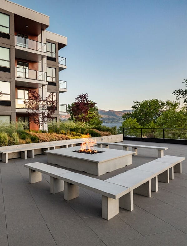 The Shore Kelowna Amenity Deck with Fireplace