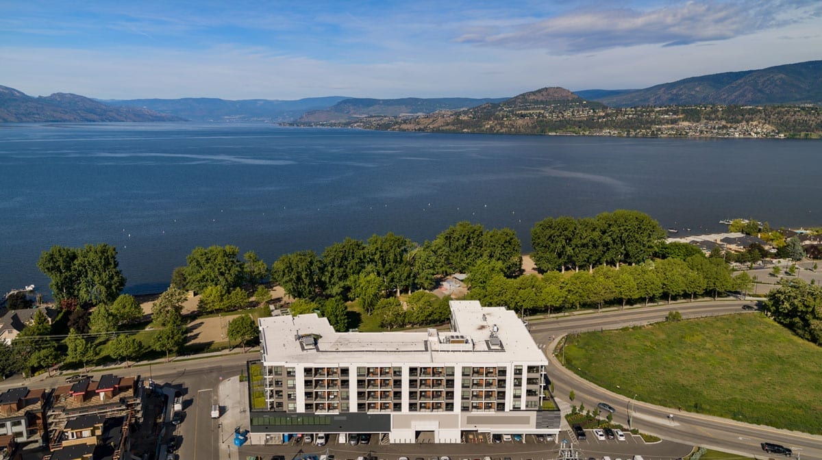 Panoramic Views of Okanagan Lake and with The Shore Kelowna in the foreground.