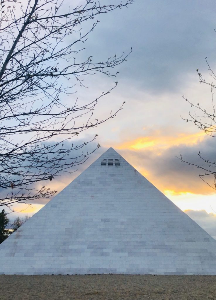 Summerhill Pyramid Winery's famous pyramid, with a cloudy sunset in the background.