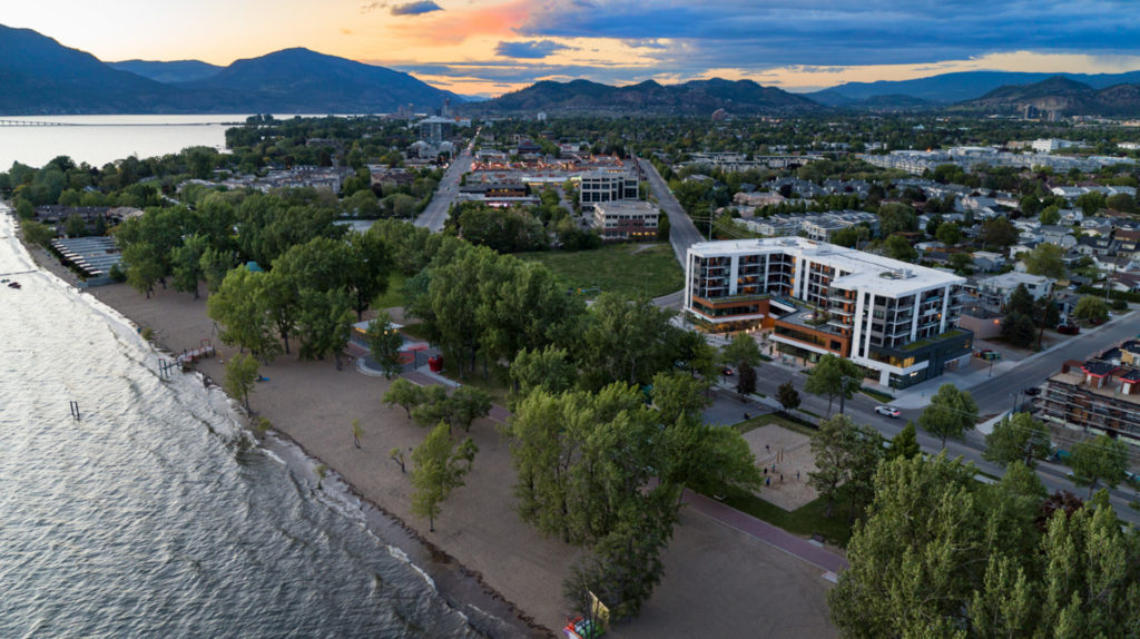 Aerial View of The Shore Hotel and Lakeshore in Kelowna