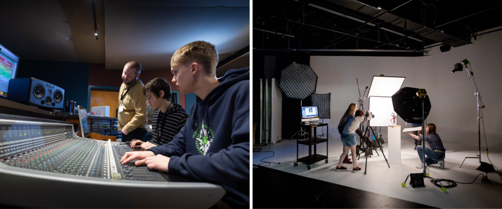 two images side by side, the first showing two students and an instructor working on a soundboard during an AV class, the second showing four students around a model holding lighting props and a camera during a photography program college class