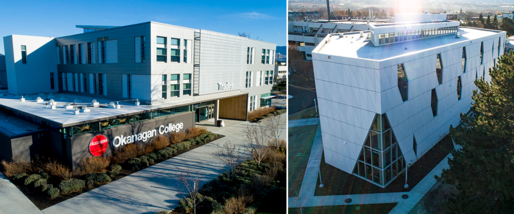 two images side by side, the first is an exterior view of the Trades building at Okanagan College, the second is an exterior view the Health building